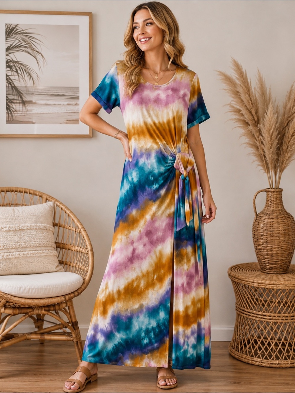 Cato Multicolor Tie-Dye Maxi Dress with Side Knot